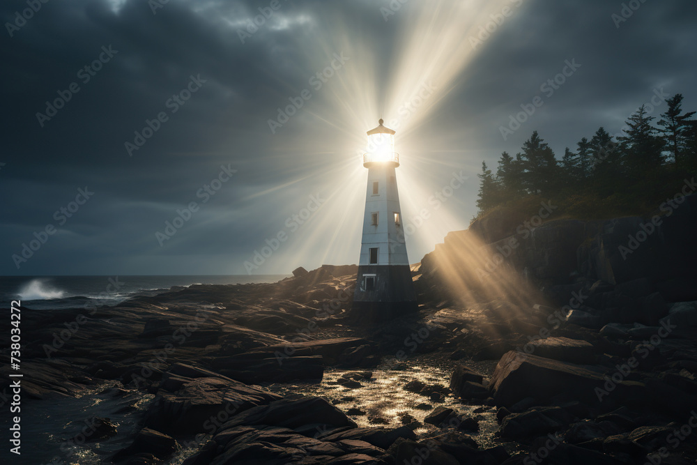 Lighthouse on the island in the bright rays. Generated by artificial intelligence