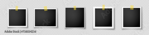 A set of five retro photo frames with black inserts and sticky tapes on a white background. Vintage paper photos for a keepsake album. Decorative banners for websites. Vector format EPS 10.
