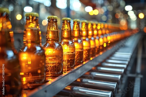 Beer bottling line in factory, glass bottles on conveyor. Generative AI