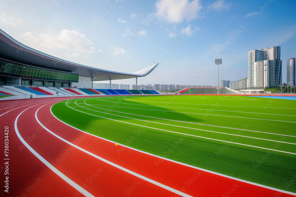 Running track race with green grass and beautiful sky background, empty runway, stadium arena for sport match.