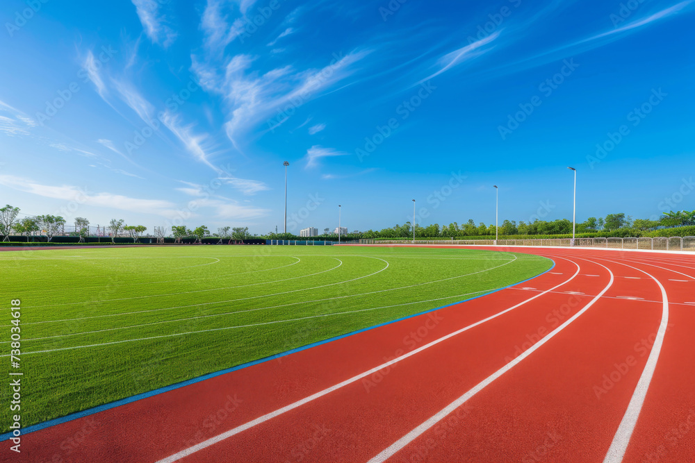 Fototapeta premium Running track race with green grass and beautiful sky background, empty runway, stadium arena for sport match.
