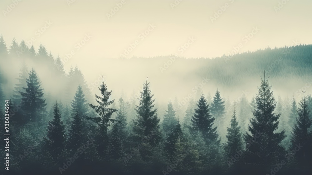 Misty Pine Forest Landscape at Sunrise