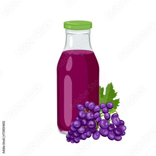 Dark grape juice in bottle isolated on white background. Vector cartoon illustration of fresh fruit drink.