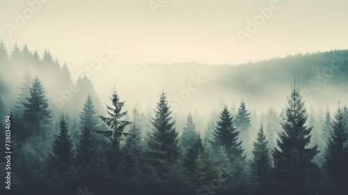 Misty Pine Forest Landscape at Sunrise © evening_tao