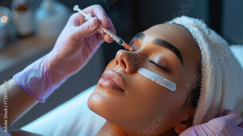 Beauty specialist injects neurotoxin or dermal filler in crows feet or upper eyelid. Cosmetic Procedure of Facial Rejuvenation. Aesthetic face skin eye wrinkle treatment concept. Generative ai photo