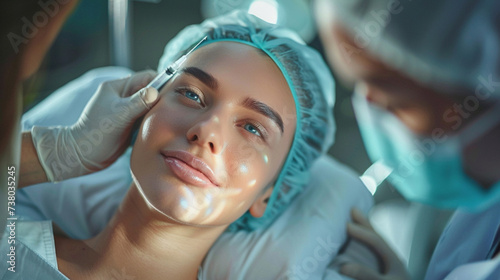 Beauty specialist injects neurotoxin or dermal filler in crows feet or upper eyelid. Cosmetic Procedure of Facial Rejuvenation. Aesthetic face skin eye wrinkle treatment concept. Generative ai