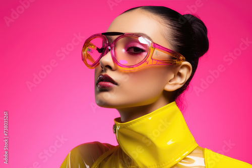 Chic woman with sleek bun and oversized pink goggles, in a high-gloss yellow jacket on a pink background, radiating avant-garde fashion.