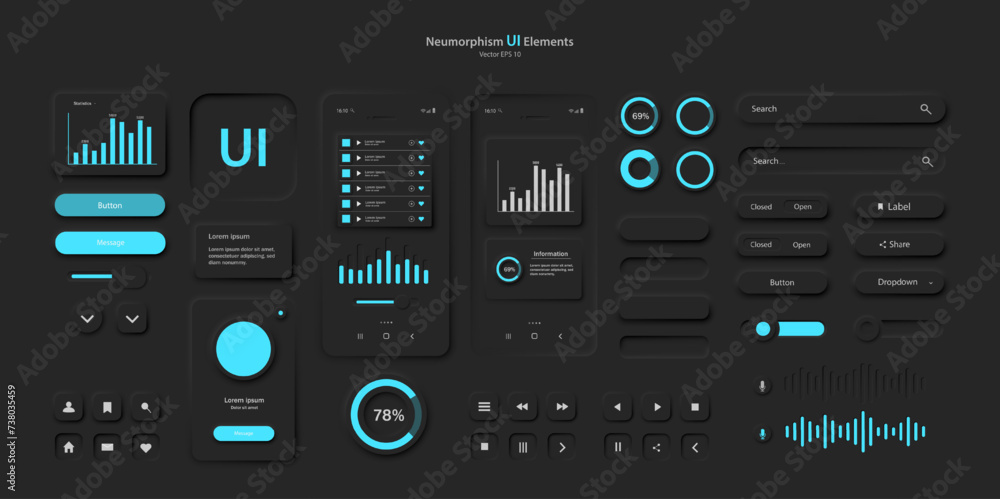 User interface elements for a mobile application in black and blue style A set of Neomorphism-style user interface icons. Vector EPS 1 0. User interface elements for a mobile application in black and blue style A set of Neomorphism-style user interface icons. Vector EPS 1 0.