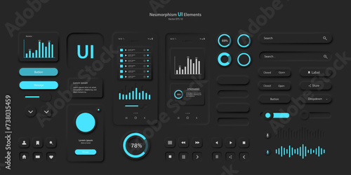 User interface elements for a mobile application in black and blue style A set of Neomorphism-style user interface icons. Vector EPS 1 0.
