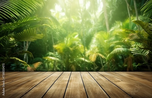 Wooden table top on blur green garden background with bokeh image