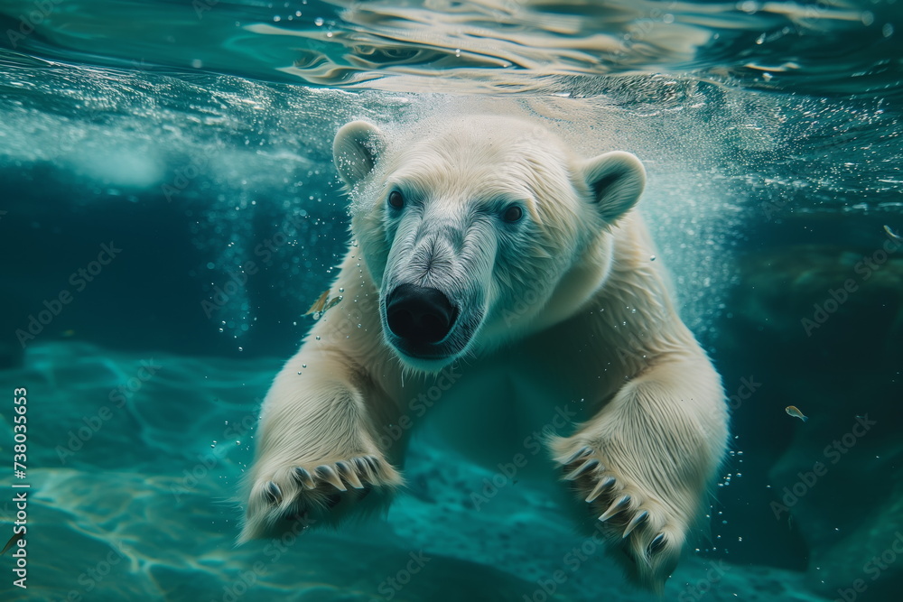 Polar bear swimming underwater looking at the camera close-up shot.