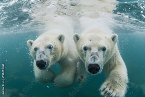 2 Polar bears swimming underwater looking at the camera close-up shot. © jirayut