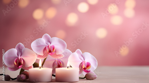 Spa still life in the distance Candles and an orchid blossom in the backdrop with water