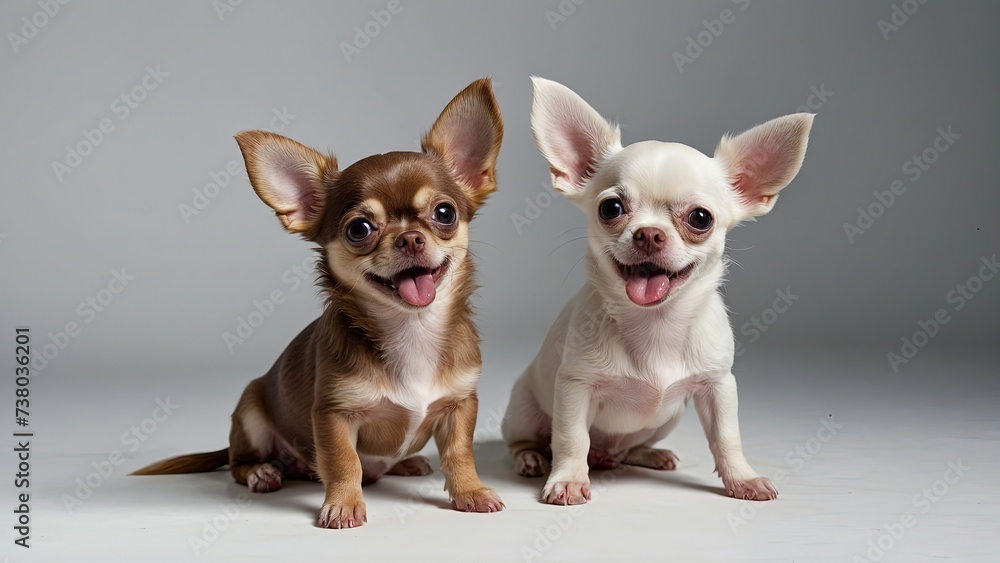 Dos perros chihuahua, mirando al frente, sonrientes y felices, sobre fondo blanco