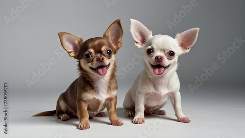 Dos perros chihuahua, mirando al frente, sonrientes y felices, sobre fondo blanco © Jomizu