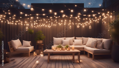 Create a Cozy Outdoor Ambience: Roof Terrace with Sofa and Coffee Table Adorned with Garlands and Lamps