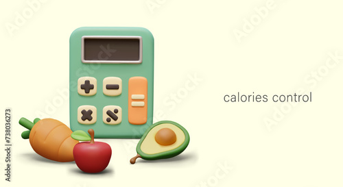 Calorie control. Vector concept in cartoon style. 3D calculator, fruits, vegetables