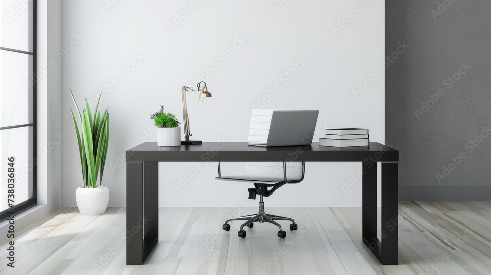 Clean and Organized Office Space with Black Desk and White Chair AI Generated.