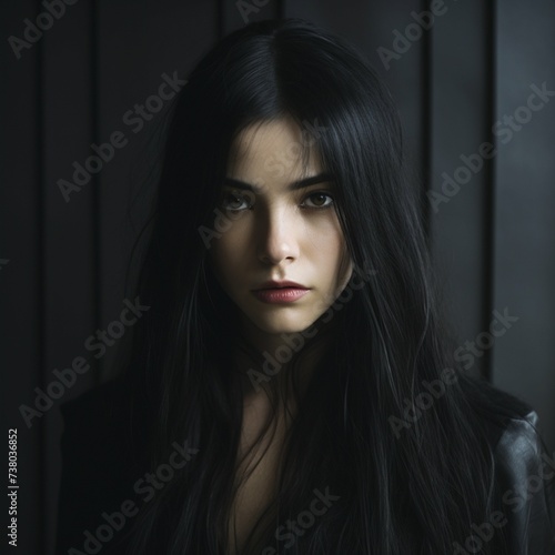 Portrait of a young girl with long black hair and pale skin in a gloomy setting.  © Lilia Ulizko