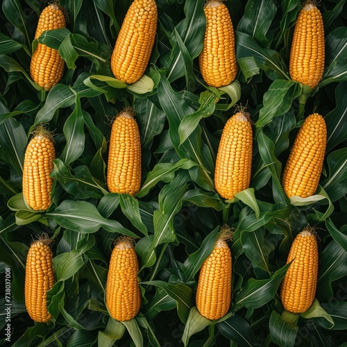 Fototapeta Top down view of soon to be harvested corn on the cob crops seen in rows in a farm in East Anglia, UK