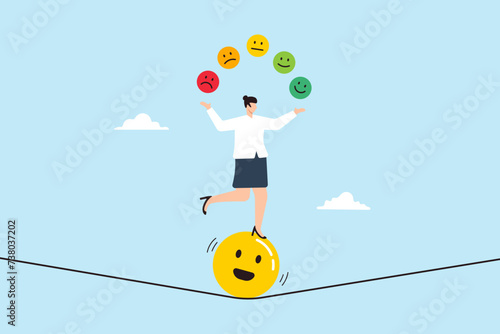 Cheerful woman juggling emotional expressions while standing above smiling face
