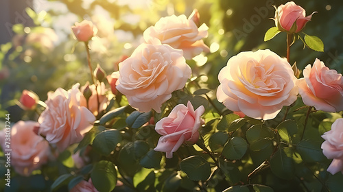 Rose flower illustration, floral banner with roses and bokeh glow