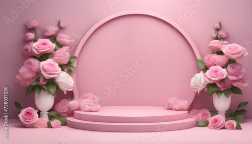 Podium Background with Pink Roses: Floral Beauty Stand for Product Display