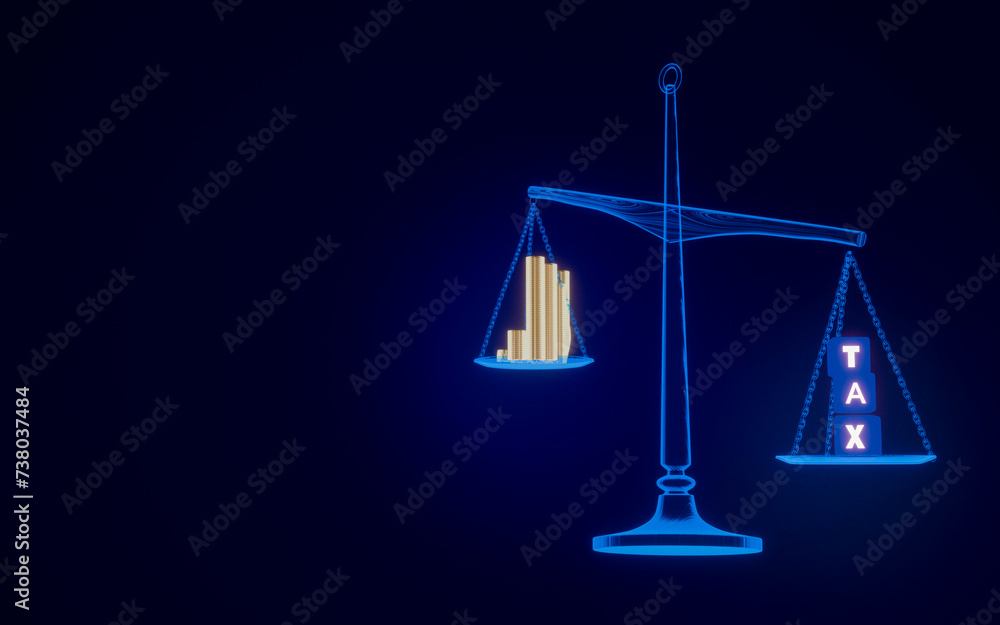 Annual tax payment planning. Tax payment business idea. Stack of gold coins and banknotes with cubes engraved with the letters TAX. 3d rendering. Annual tax payment planning. Tax payment business idea. Stack of gold coins and banknotes with cubes engraved with the letters TAX. 3d rendering.