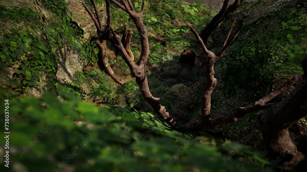 Fototapeta premium 3D RENDER ROCK CAVE ENTRANCE IN FOREST IS SURROUNDED BY OLD TREES AND FOLIAGE