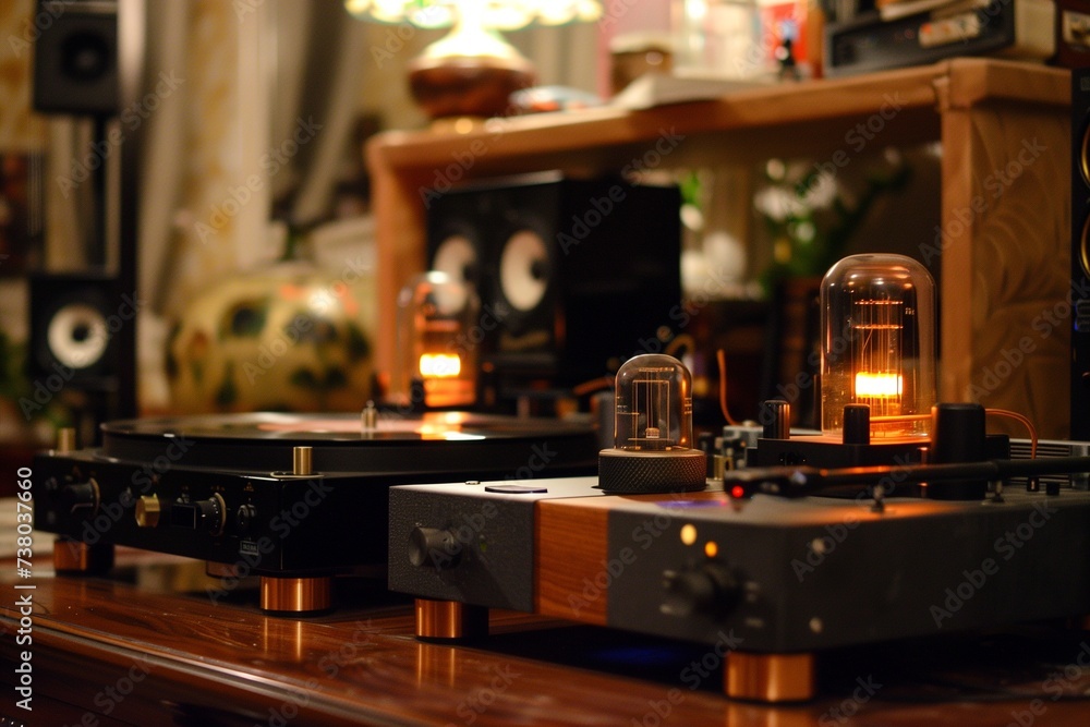 The warm glow of tube amplifiers casting soft shadows on a turntable, enhancing the nostalgic ambiance of a vinyl listening session.