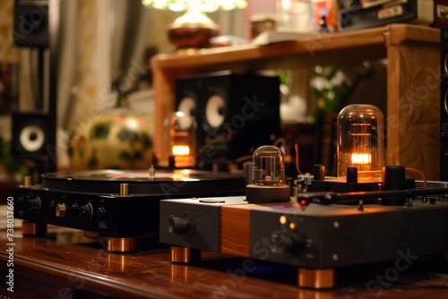 The warm glow of tube amplifiers casting soft shadows on a turntable  enhancing the nostalgic ambiance of a vinyl listening session.