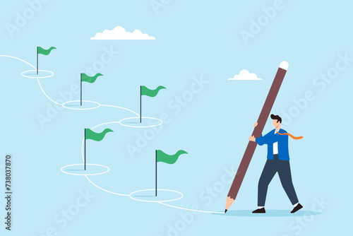 Businessman draw workflow line with achievement flag milestone using pencil
