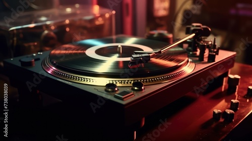 Turntable plays vinyl, high contrast and motion blur, generate AI
