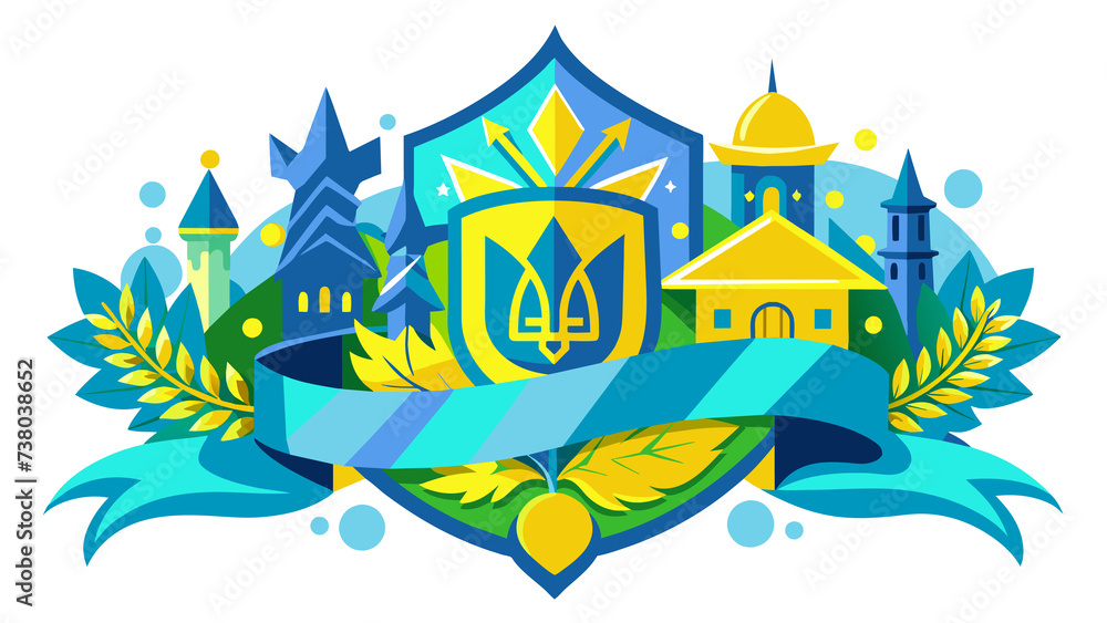 Cartoon yellow field with sunshine houses and plants. In the middle is a trident, the coat of arms of Ukraine. There are yellow and blue elements. Ribbon for placing text. - obrazy, fototapety, plakaty 