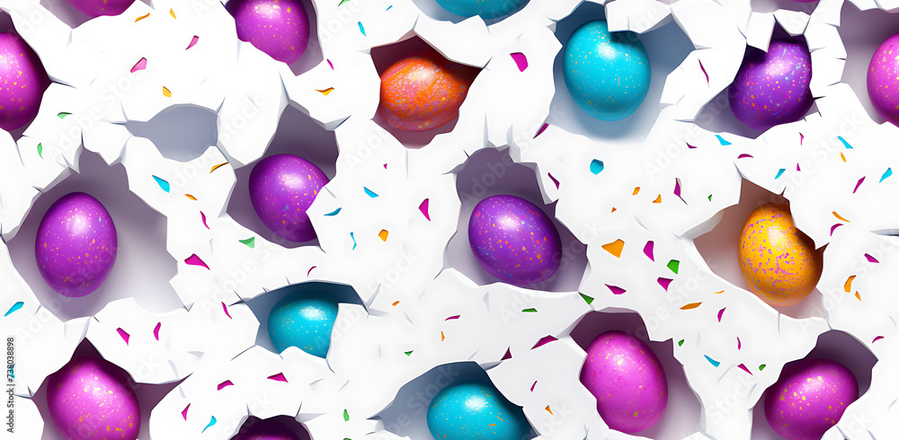 3D Colorful Easter Eggs inside cracked hole on white wall - obrazy, fototapety, plakaty 