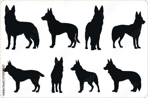 Set of dogs silhouettes, Silhouettes of German Shephard Dog, animal Silhouettes of a pet dog, Set of dogs in different poses