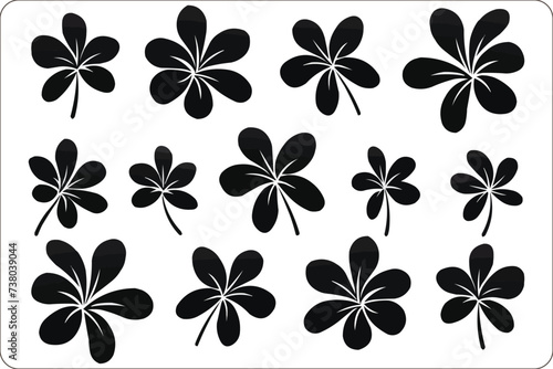 Set of black silhouettes of Frangipani, Silhouettes of frangipani flowers with leaves on white background