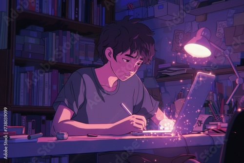 Lofi style boy studying photo