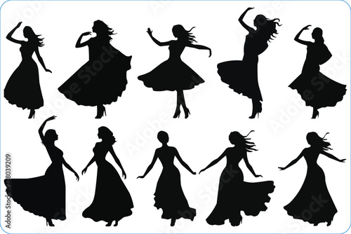 Dancing Women silhouettes, Vector silhouettes of girls dancing in different positions, Woman dancing silhouette vector illustration, Vector silhouette of a woman dancing