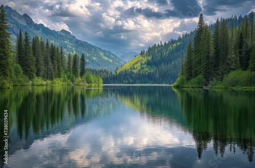Amidst the tranquil wilderness, a glistening lake mirrors the towering mountains and wispy clouds, while trees line its banks and larch forests frame its natural beauty in the lake district © Dacha AI