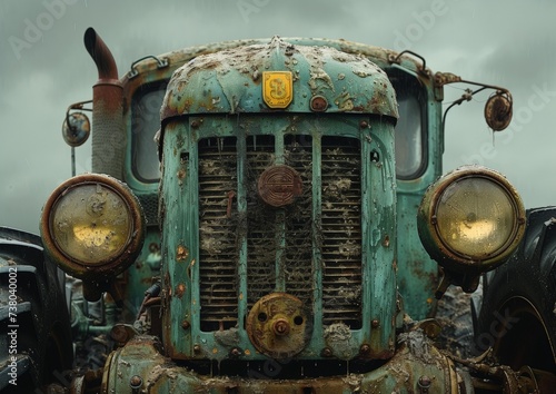 A dilapidated tractor truck, parked under the open sky, shows the wear and tear of years spent on the land, with rusted auto parts and a still engine evoking a sense of nostalgia and perseverance