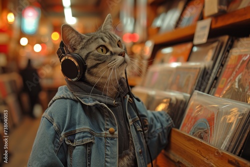 A cat with headphones in a music store