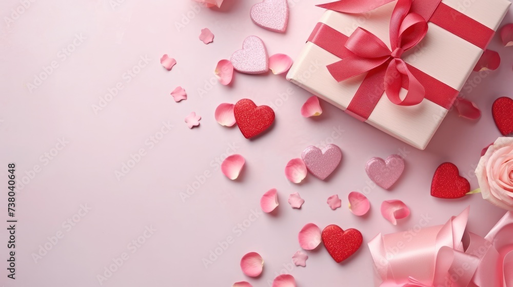 Valentine day or mother day festive composition with gift or present box, rose flowers and pink red hearts on pastel background top view. Valentine day or mother day festive composition with gift or present box, rose flowers and pink red hearts on pastel background top view.