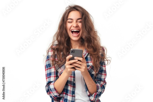 Feelings theme. Picture of a young woman in everyday clothes, staring at her smartphone and erupting into laughter, set against a white backdrop. Generated AI