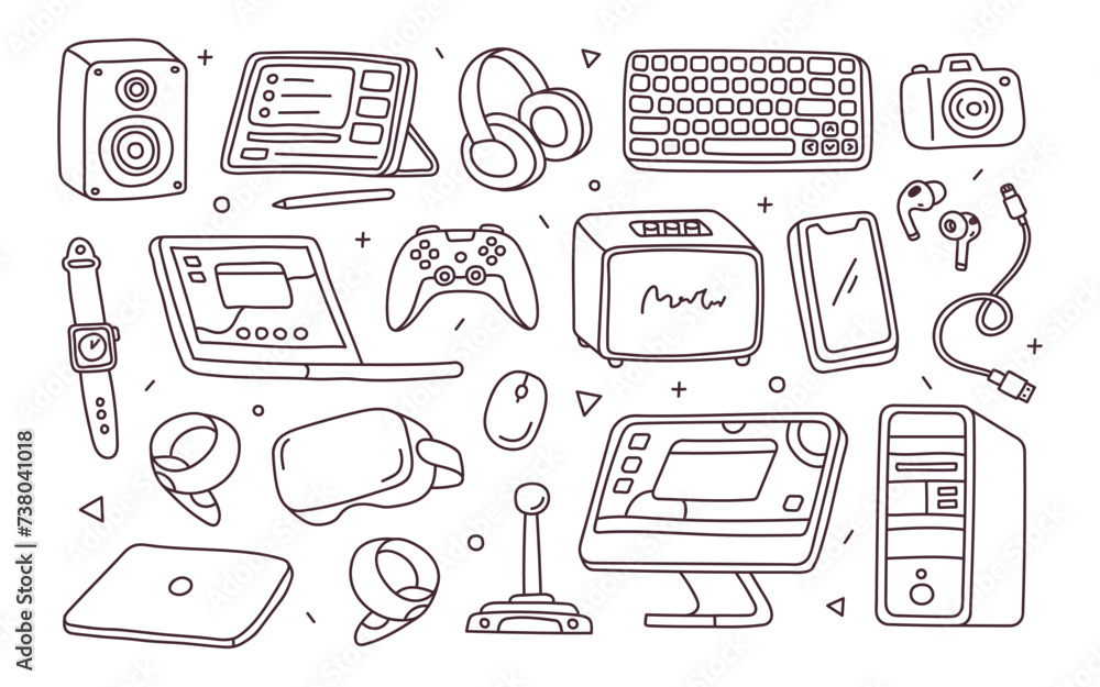 Doodle hand drawing set of gadgets. Electronics concept for coloring book. Vector illustration isolated