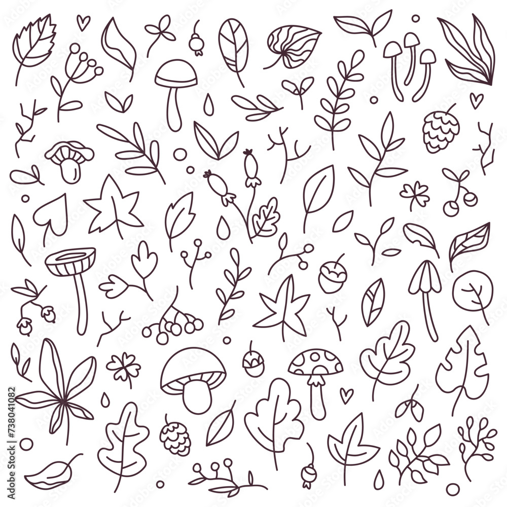 Autumn forest doodle set. Line style mushrooms, branches and leaves. Isolated pattern for coloring book Autumn forest doodle set. Line style mushrooms, branches and leaves. Isolated pattern for coloring book