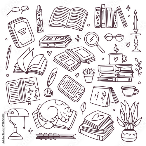 Hand drawn library doodle set. Reading and writing concept. Black color sketch, coloring book. Line art style books, notebooks and pads . Vector illustration, isolated pattern