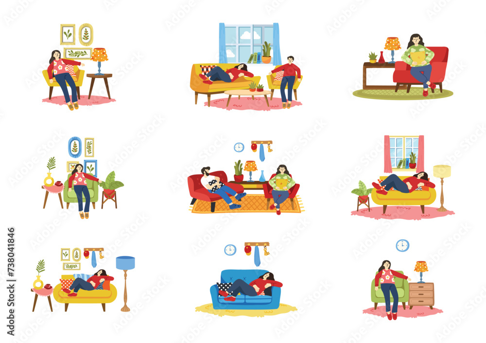 tired people laying down on couch collection flat style