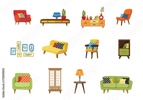 furniture in living room collection flat style