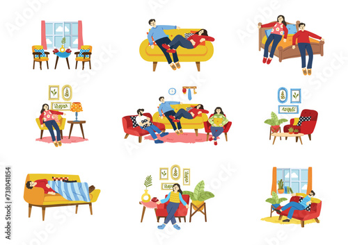 tired people laying down on couch collection flat style © Koon